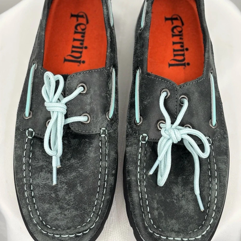 Ferrini Smoky Black Distressed Boat Shoes Moc Toc Leather Loafers Sz 9